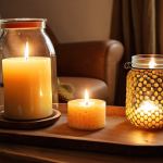 **Image:** A cozy Swedish home interior with lit beeswax candles on a coffee table. The candles are in recycled glass jars. Soft, warm lighting. Focus on creating a relaxing, "hygge" atmosphere.