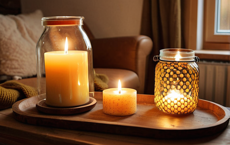 **Image:** A cozy Swedish home interior with lit beeswax candles on a coffee table. The candles are in recycled glass jars. Soft, warm lighting. Focus on creating a relaxing, "hygge" atmosphere.